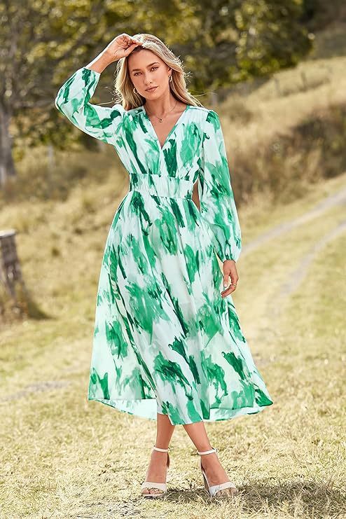 Spring NEW Long Casual Long Sleeve V-neck Printed Beach Long Flowy Dress - ANIBEY