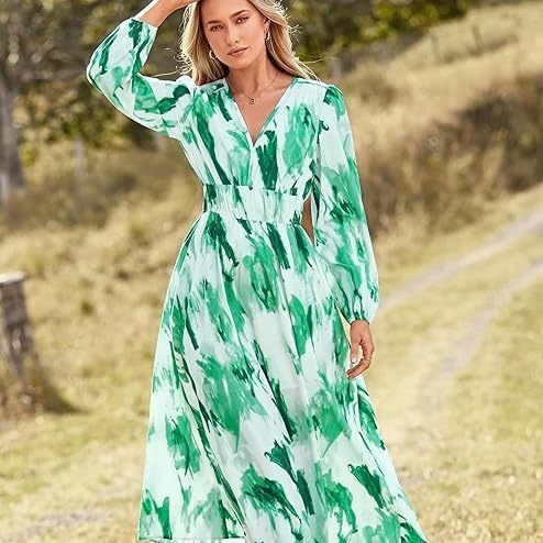 Spring NEW Long Casual Long Sleeve V-neck Printed Beach Long Flowy Dress - ANIBEY