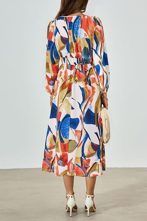 Spring NEW Long Casual Long Sleeve V-neck Printed Beach Long Flowy Dress - ANIBEY