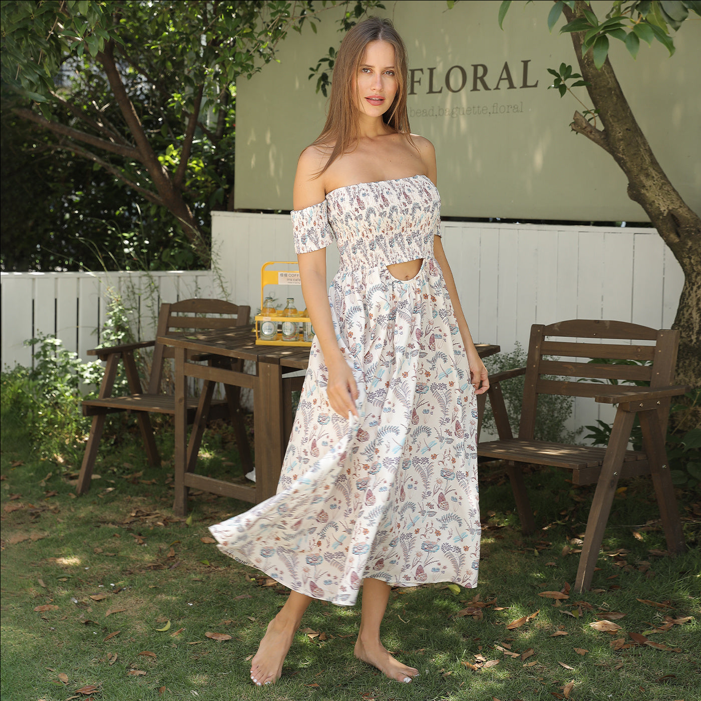 Women's Off Shoulder Strapless Floral Dress - ANIBEY