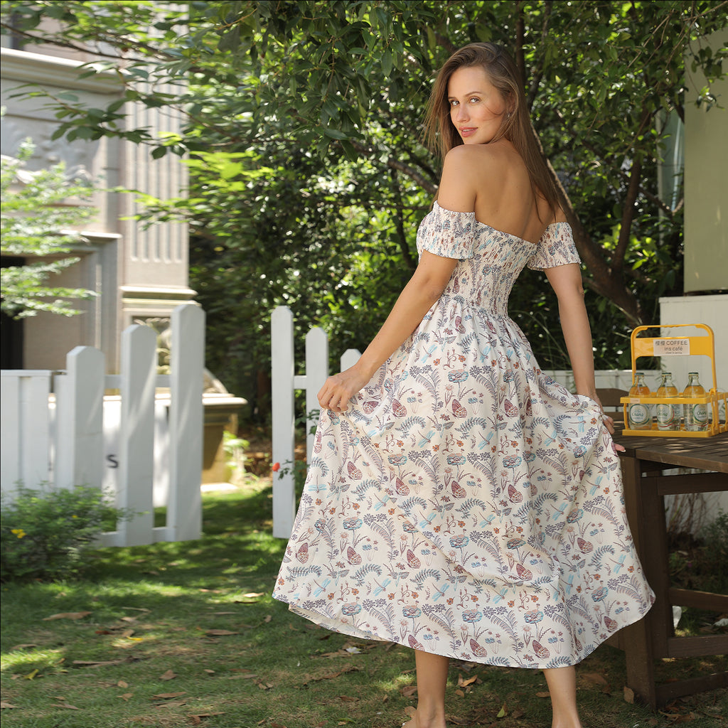 Women's Off Shoulder Strapless Floral Dress - ANIBEY