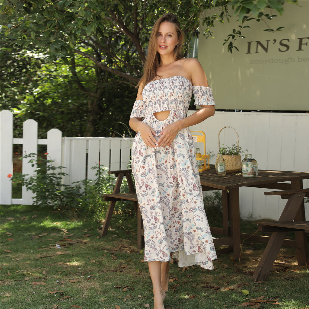 Women's Off Shoulder Strapless Floral Dress - ANIBEY