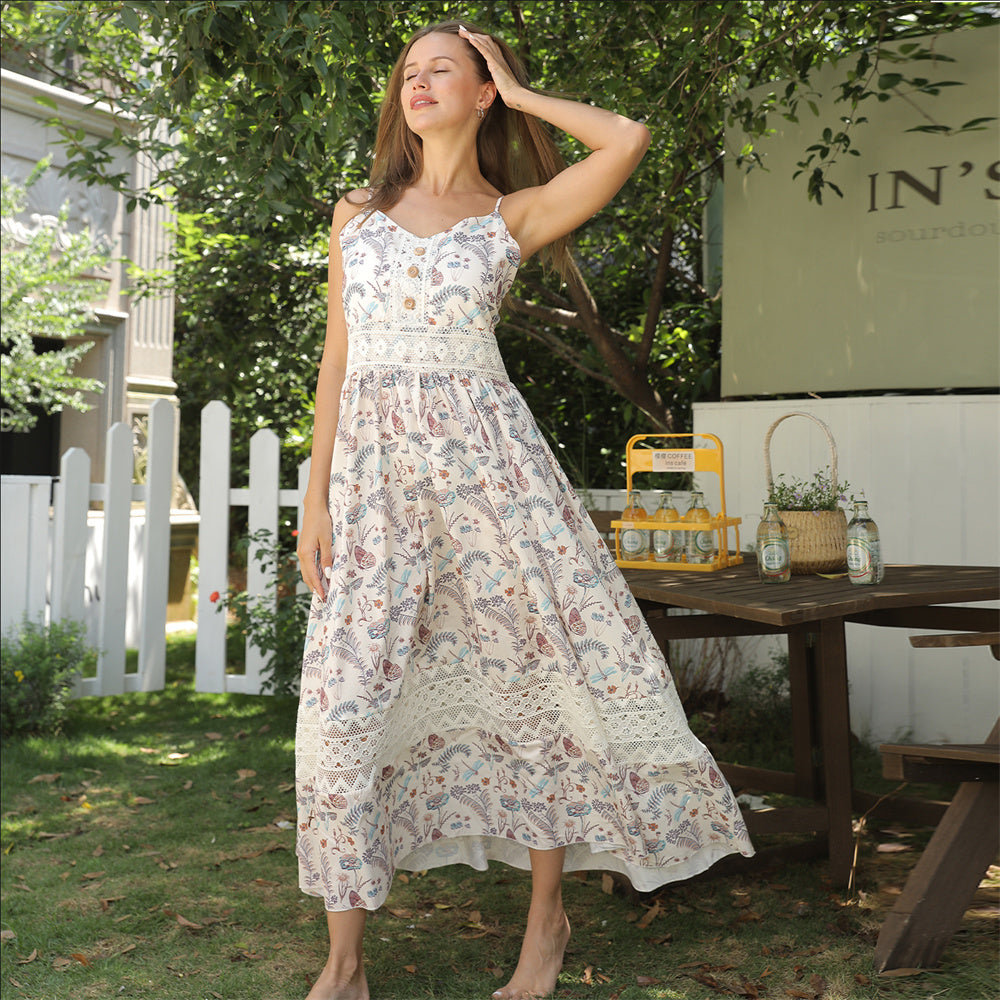 Women's Sleeveless Suspender Floral Dress - ANIBEY