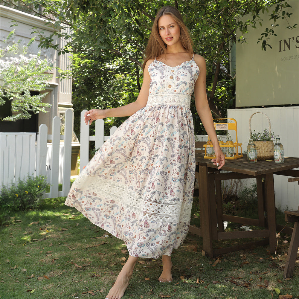 Women's Sleeveless Suspender Floral Dress - ANIBEY