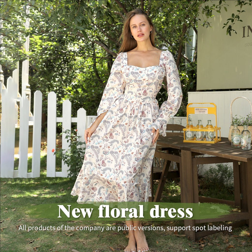 Women's Square Neck Long Sleeved Printed Dress - ANIBEY