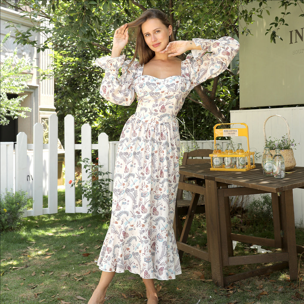 Women's Square Neck Long Sleeved Printed Dress - ANIBEY