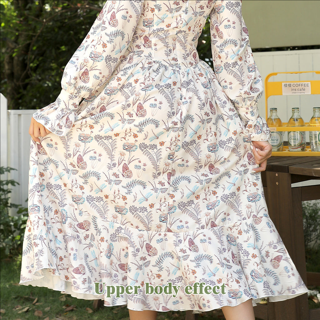 Women's Square Neck Long Sleeved Printed Dress - ANIBEY