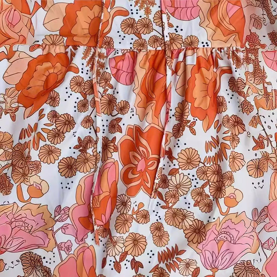 Women's Temperament Short Sleeve V-neck Lace-up Flower Button Dress - ANIBEY