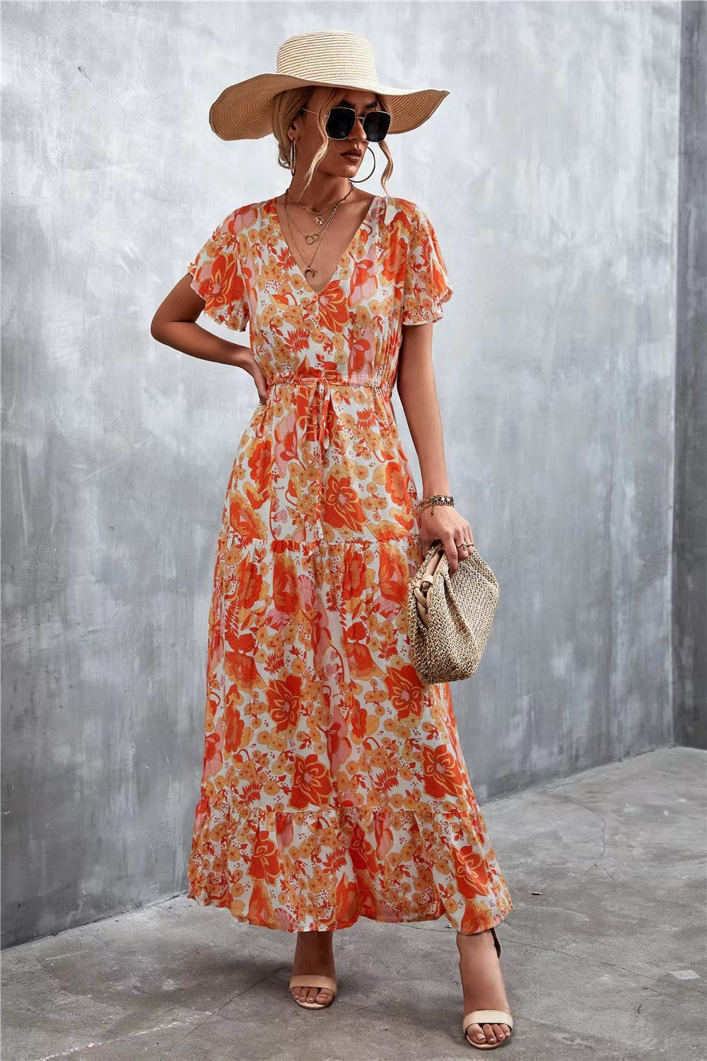 Women's Temperament Short Sleeve V-neck Lace-up Flower Button Dress - ANIBEY