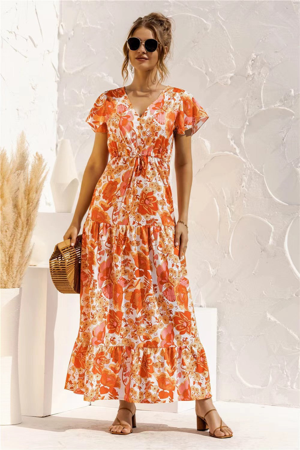 Women's Temperament Short Sleeve V-neck Lace-up Flower Button Dress - ANIBEY