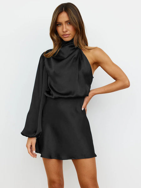 Satin Long Sleeve One-shoulder Elegant Dress - ANIBEY