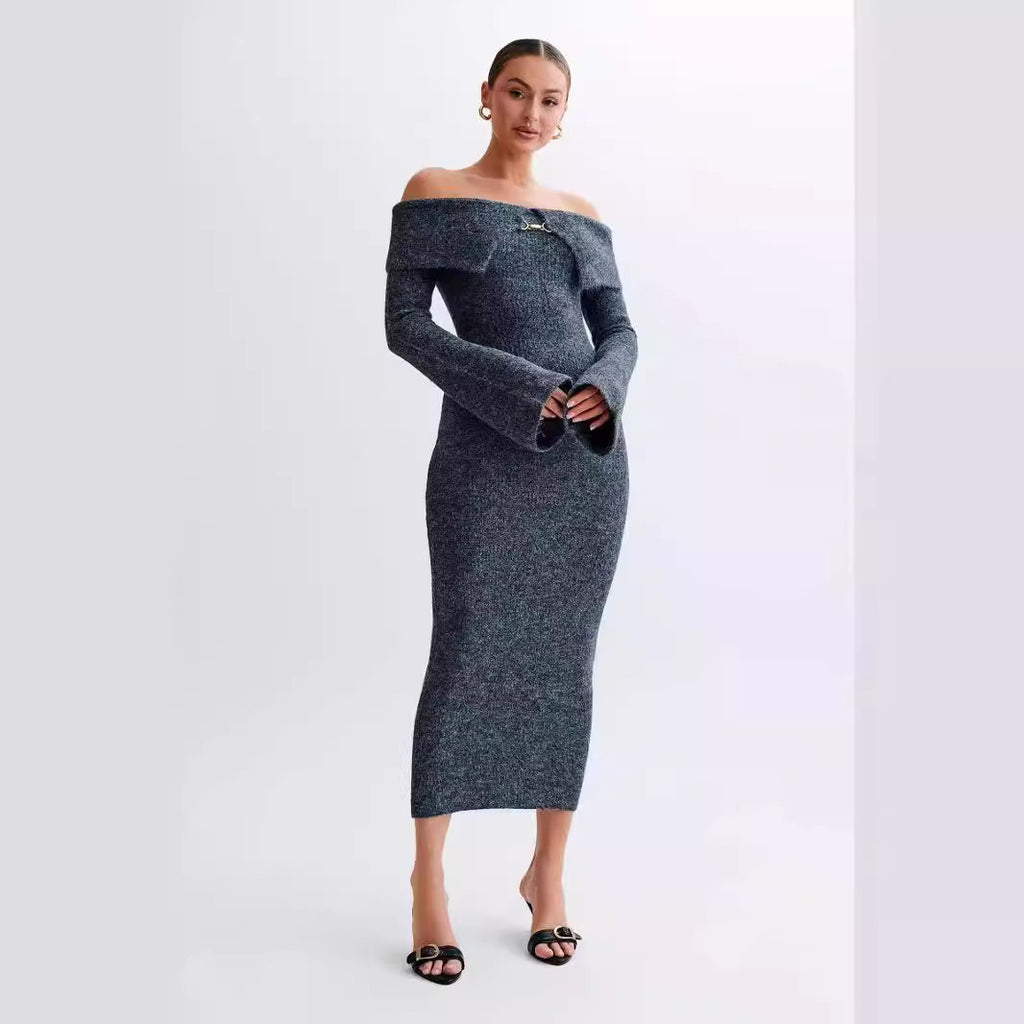 Fashion Polo Collar Off-the-shoulder Dress Striped Dress - ANIBEY