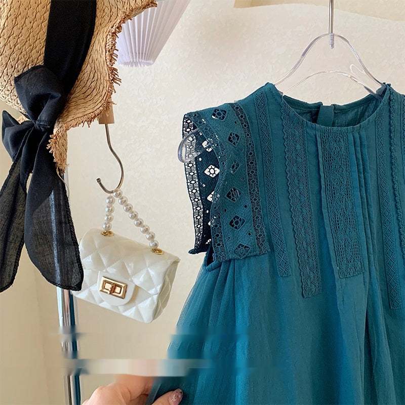 Girls' Summer Green Mesh Stitching Sleeveless Lace Vest Dress - ANIBEY