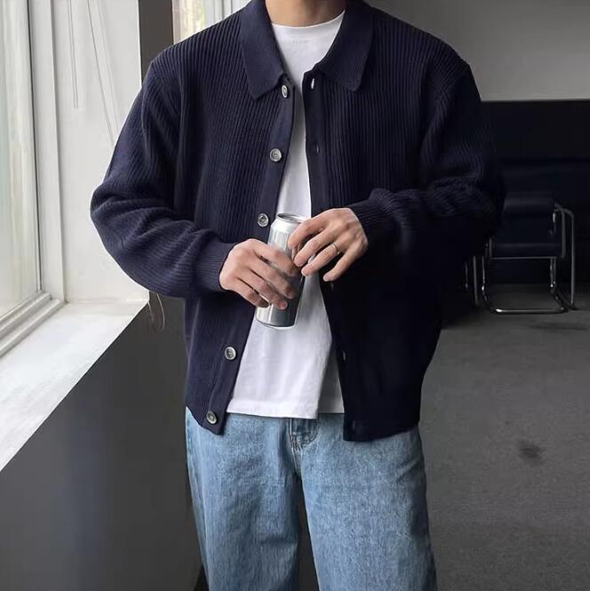 Men's Solid Color Casual Loose Retro Collared Cardigan - ANIBEY