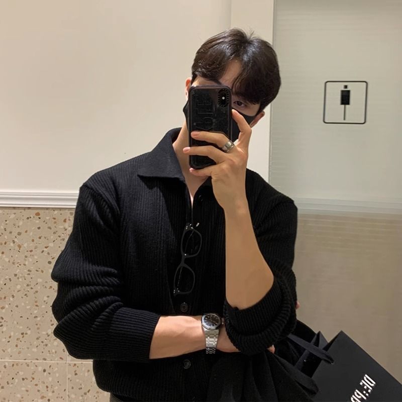 Men's Solid Color Casual Loose Retro Collared Cardigan - ANIBEY