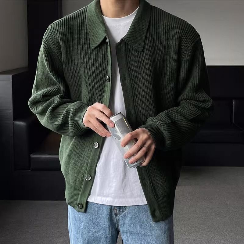 Men's Solid Color Casual Loose Retro Collared Cardigan - ANIBEY