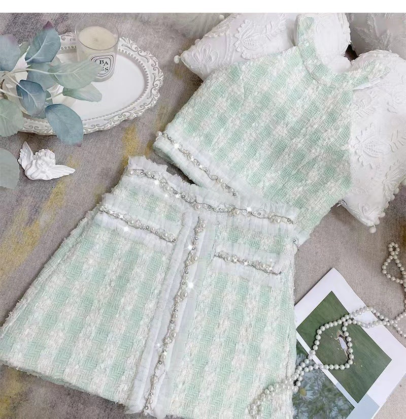 Diamond Plaid Suspender Vest Set - ANIBEY