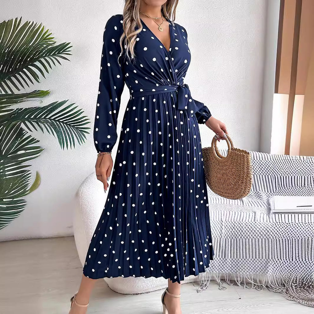 Elegant Polka Dot Cross V-neck Pleated Maxi Dress For Women - ANIBEY