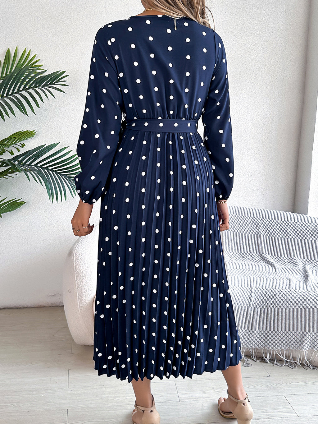 Elegant Polka Dot Cross V-neck Pleated Maxi Dress For Women - ANIBEY