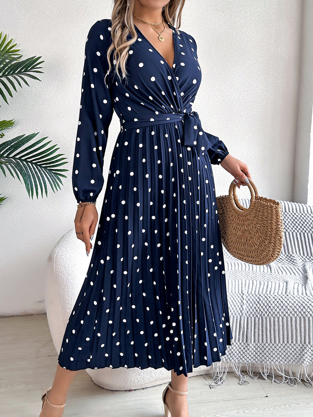 Elegant Polka Dot Cross V-neck Pleated Maxi Dress For Women - ANIBEY