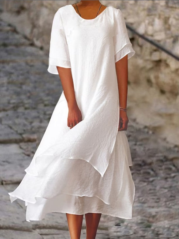 Fashion Casual Double-layer Split Short Sleeve Round Neck Dress - ANIBEY