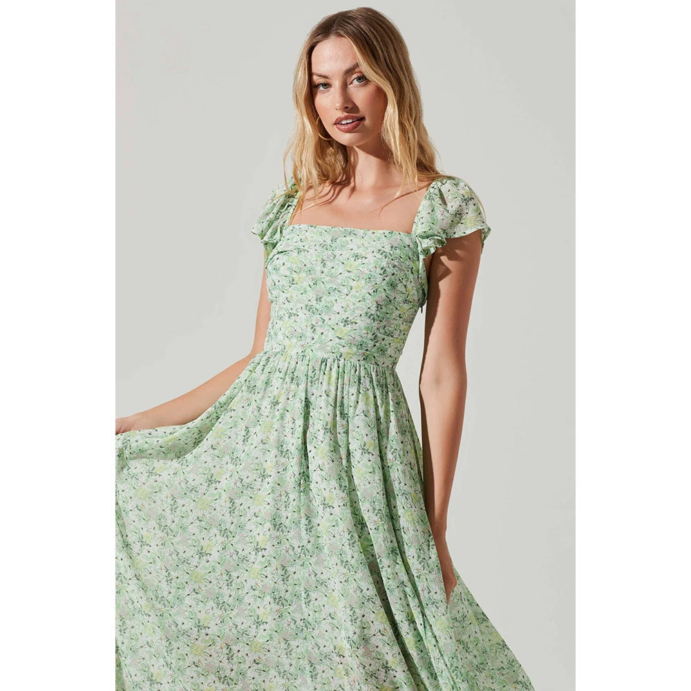 Fashionable Green Shivering Waist Slimming Temperament Lady Mid-length Dress - ANIBEY