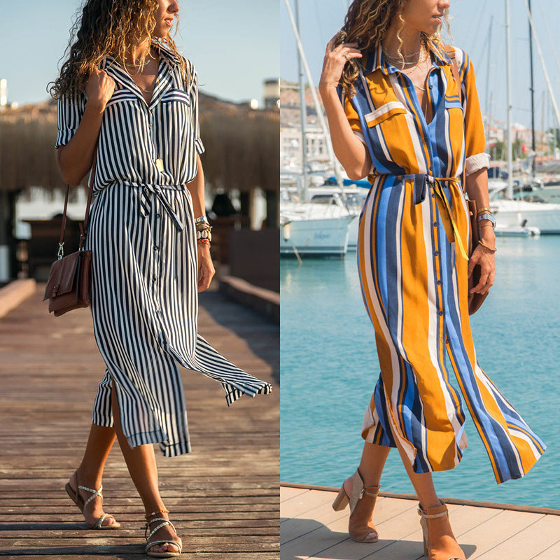 Stripe Shirt Women's Dress Spring Summer Chiffon V-neck Sexy Maxi Dresses Sexy Elegant Casual Girl Lace Women Long Sleeve - ANIBEY