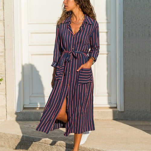 Stripe Shirt Women's Dress Spring Summer Chiffon V-neck Sexy Maxi Dresses Sexy Elegant Casual Girl Lace Women Long Sleeve - ANIBEY