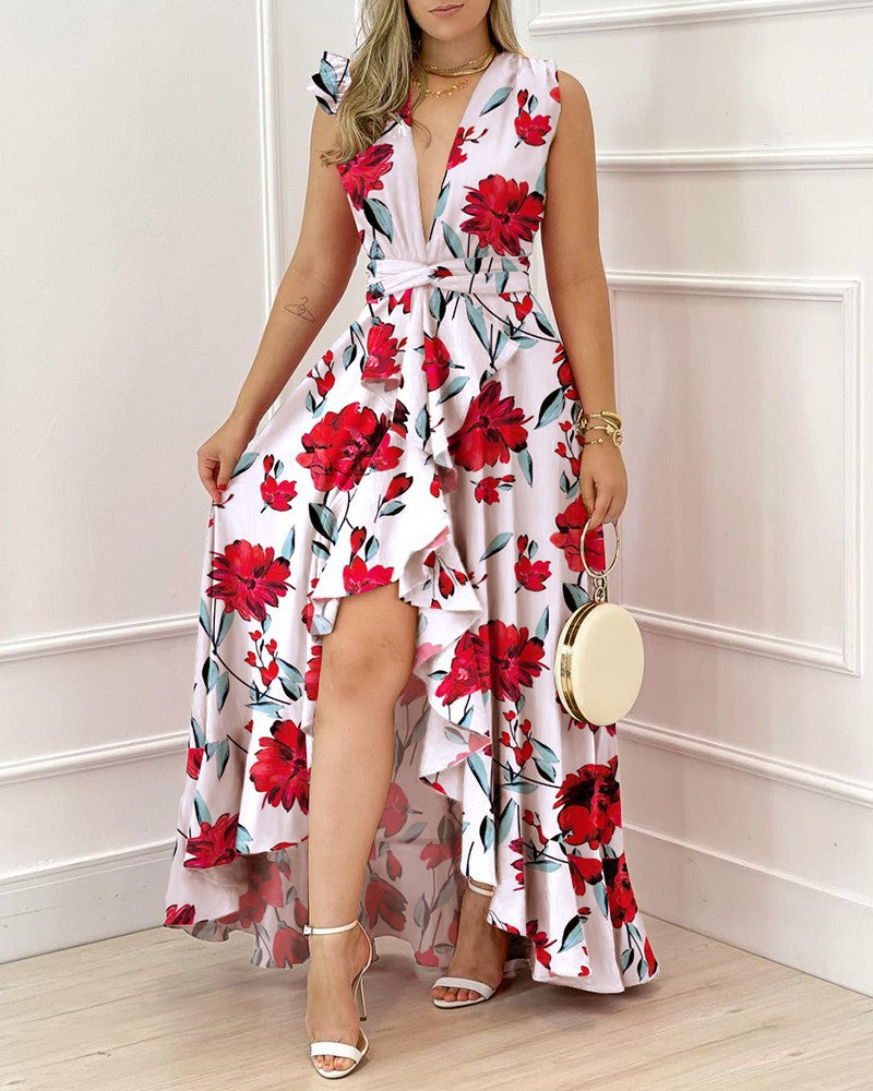 Women's High-waisted Red Stand Collar Printed Commuter Sleeveless Dress - ANIBEY