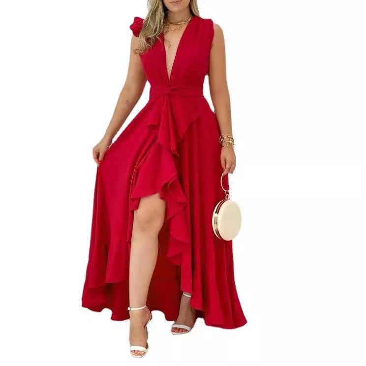 Women's High-waisted Red Stand Collar Printed Commuter Sleeveless Dress - ANIBEY