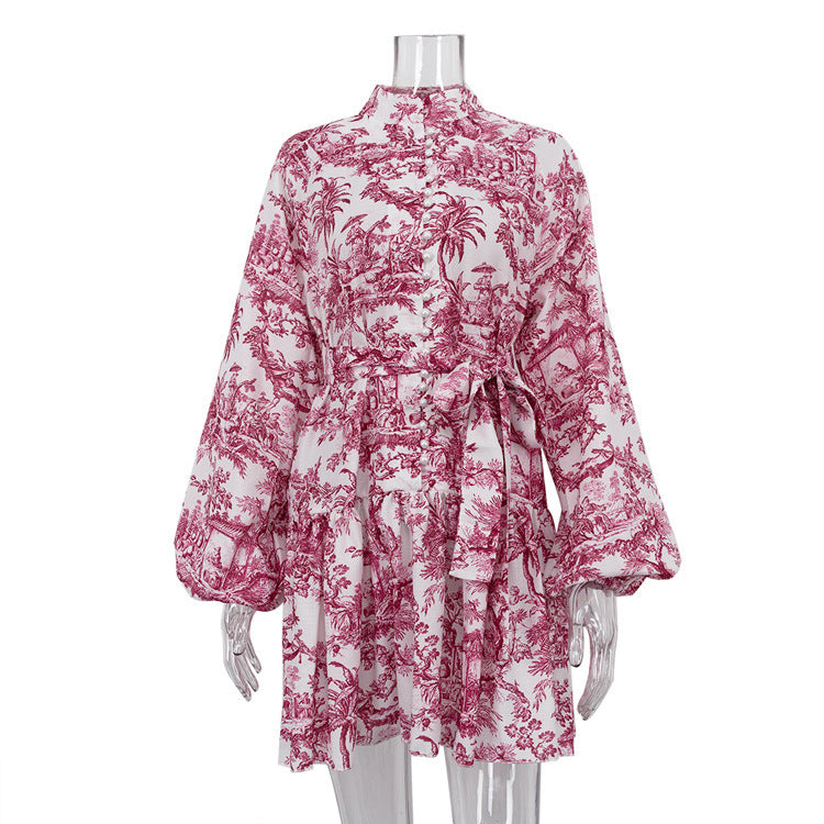 Ink Print Long Sleeve Short Dress With Fashion Puffy Sleeve Lapel Tie A-Line Dress Clothing - ANIBEY