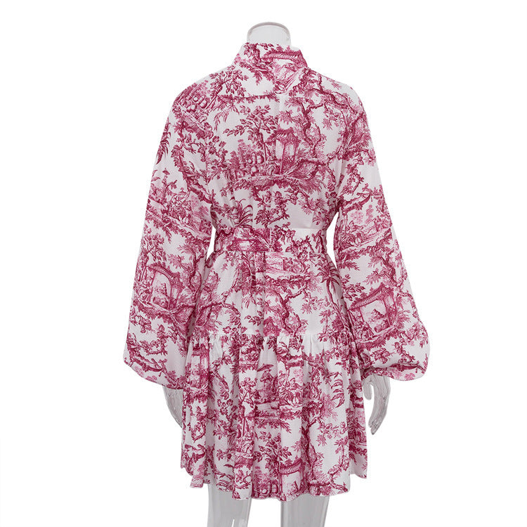 Ink Print Long Sleeve Short Dress With Fashion Puffy Sleeve Lapel Tie A-Line Dress Clothing - ANIBEY