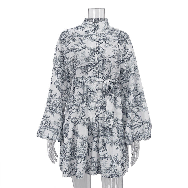 Ink Print Long Sleeve Short Dress With Fashion Puffy Sleeve Lapel Tie A-Line Dress Clothing - ANIBEY