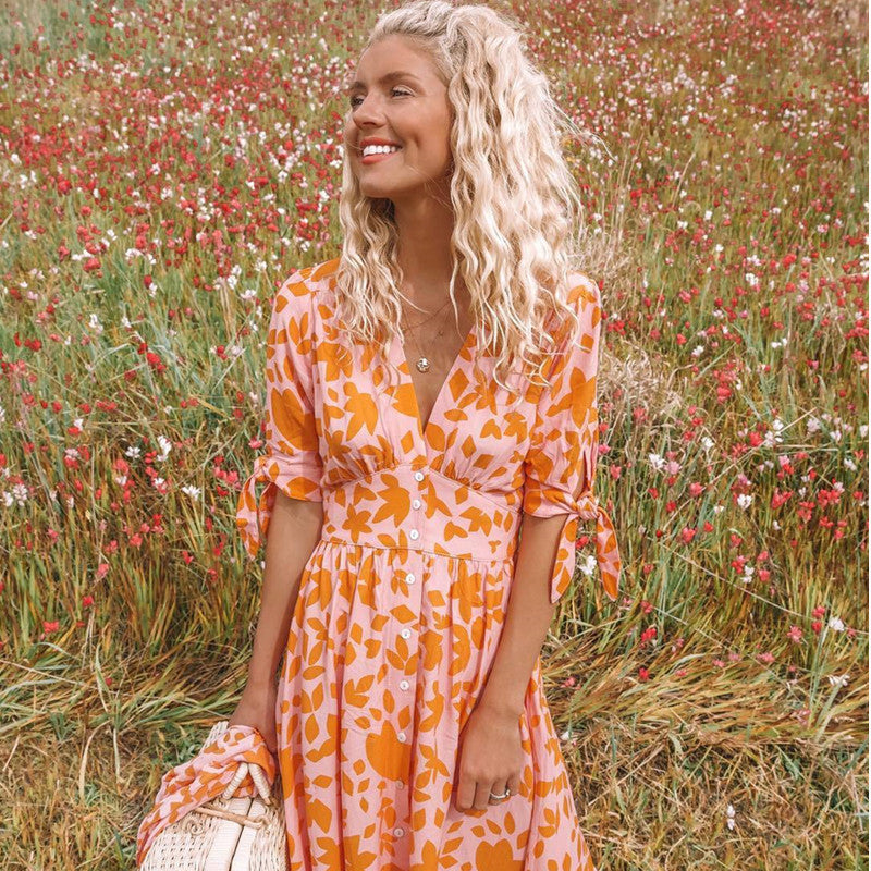 V-neck Five-point Sleeves Single-breasted Printed Dress - ANIBEY