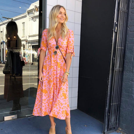 V-neck Five-point Sleeves Single-breasted Printed Dress - ANIBEY