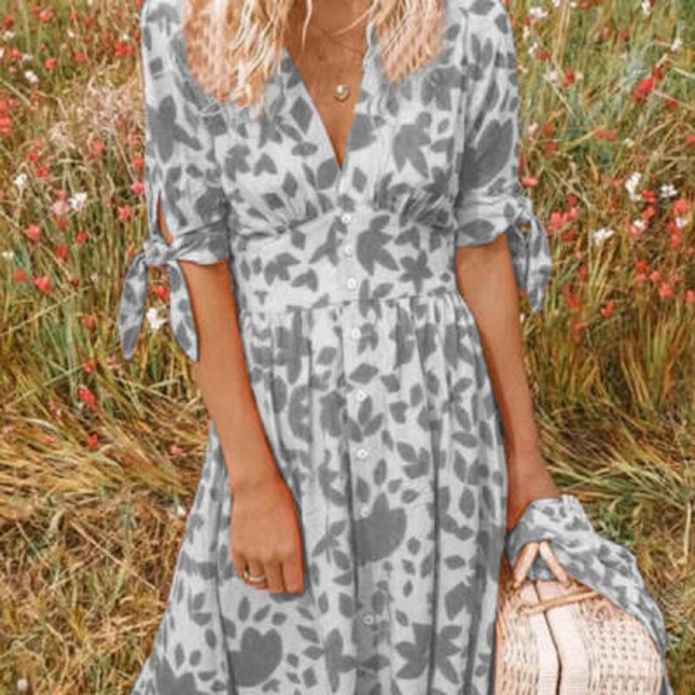V-neck Five-point Sleeves Single-breasted Printed Dress - ANIBEY