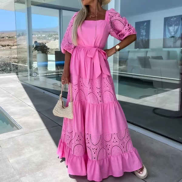Lace Stitching Casual Loose Waist-controlled Lace-up Dress For Women - ANIBEY