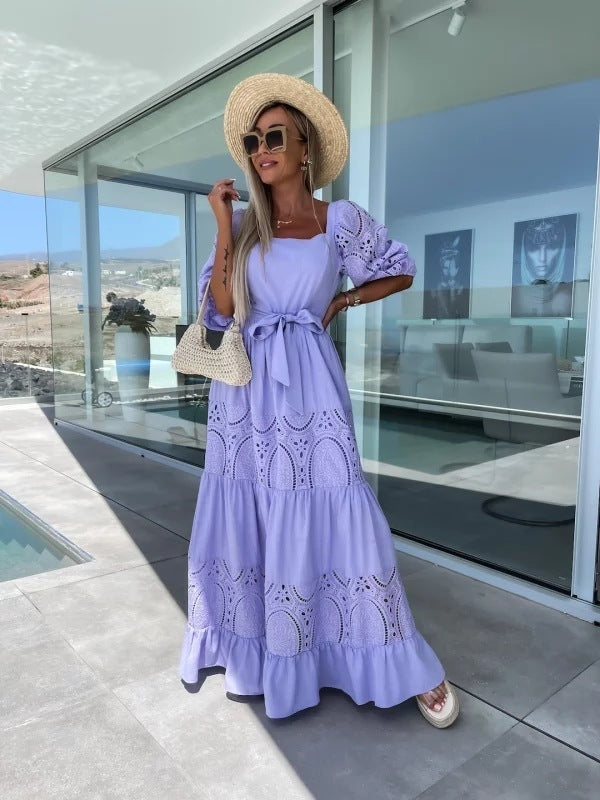 Lace Stitching Casual Loose Waist-controlled Lace-up Dress For Women - ANIBEY