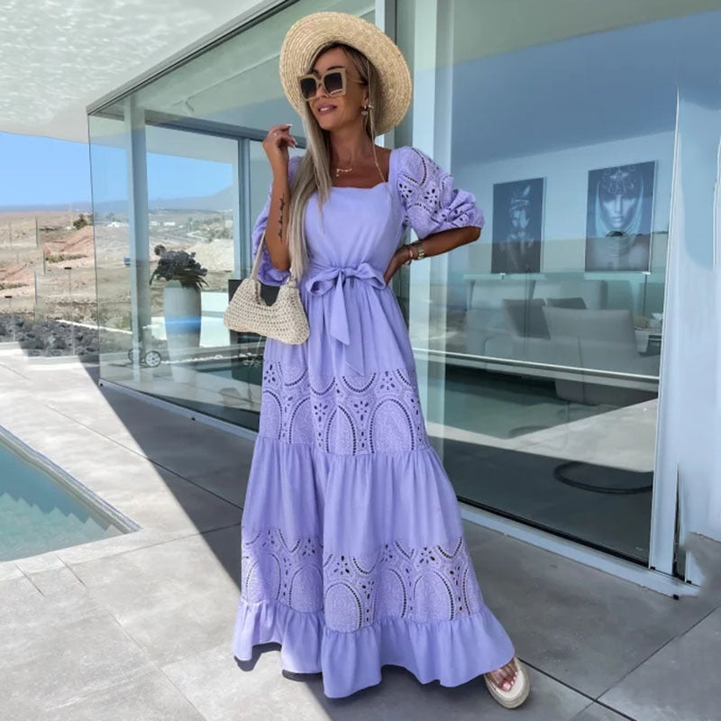 Lace Stitching Casual Loose Waist-controlled Lace-up Dress For Women - ANIBEY