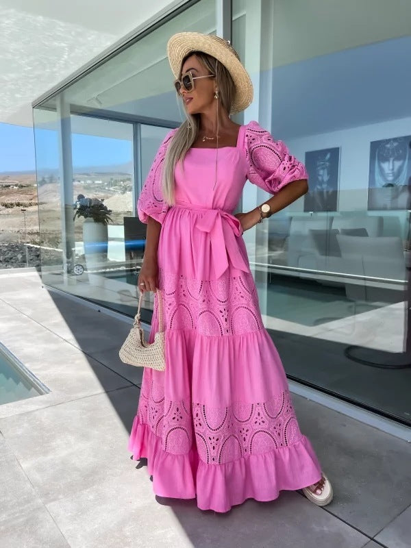 Lace Stitching Casual Loose Waist-controlled Lace-up Dress For Women - ANIBEY