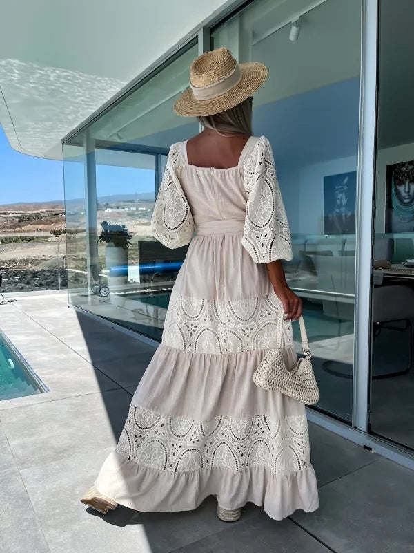 Lace Stitching Casual Loose Waist-controlled Lace-up Dress For Women - ANIBEY