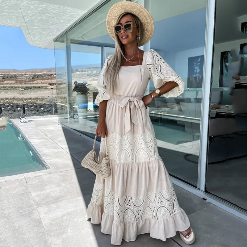 Lace Stitching Casual Loose Waist-controlled Lace-up Dress For Women - ANIBEY