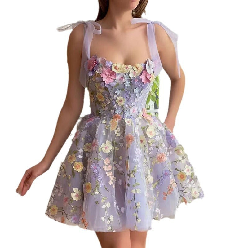 Women's Fashion Three-dimensional Flower Embroidered Sheath Sling Dress - ANIBEY