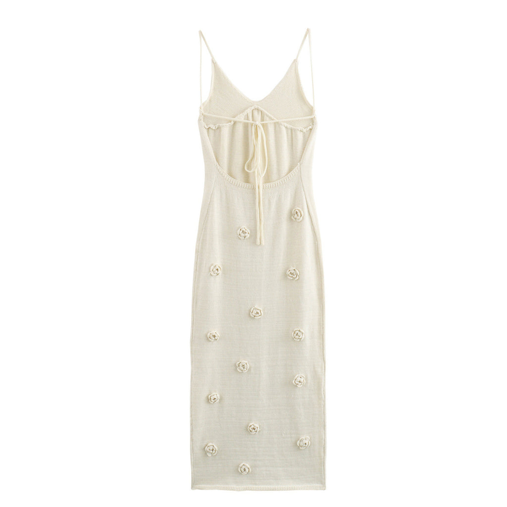 Women's Braces Skirt Three-dimensional Flower Knitted Backless Lace-up Dress - ANIBEY