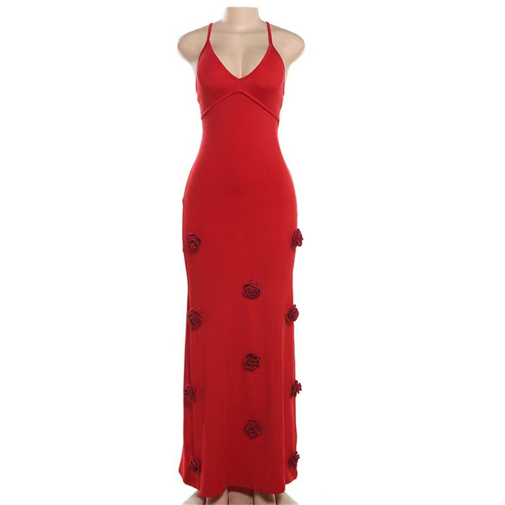 Women's Braces Skirt Three-dimensional Flower Knitted Backless Lace-up Dress - ANIBEY