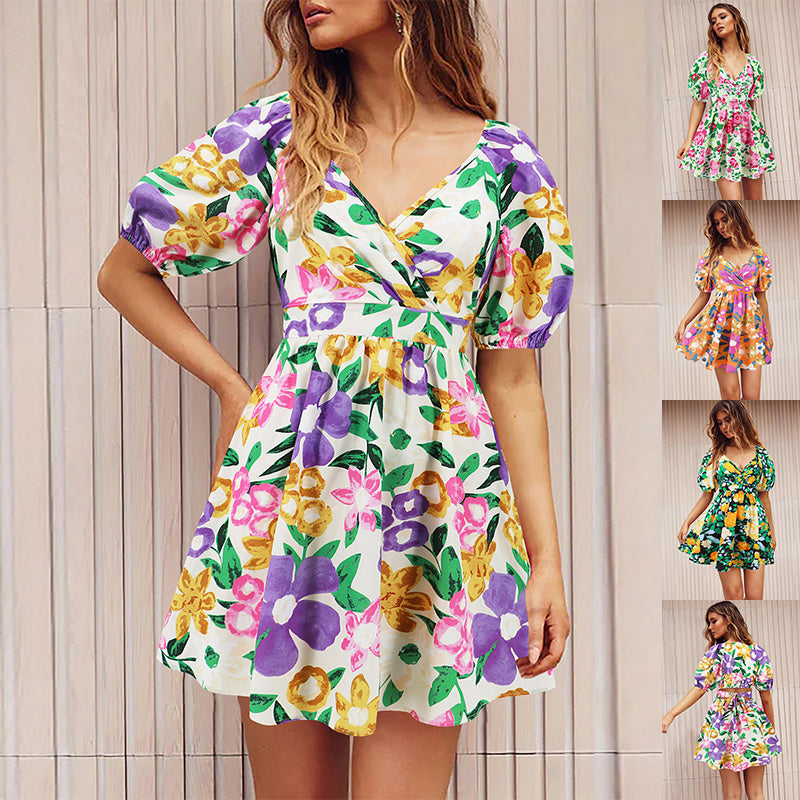 Flowers Print V-Neck Lantern-sleeve Women's Dress - ANIBEY