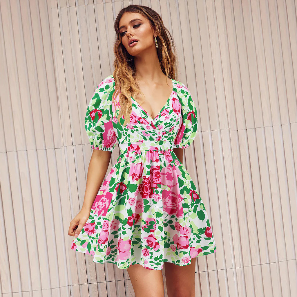 Flowers Print V-Neck Lantern-sleeve Women's Dress - ANIBEY