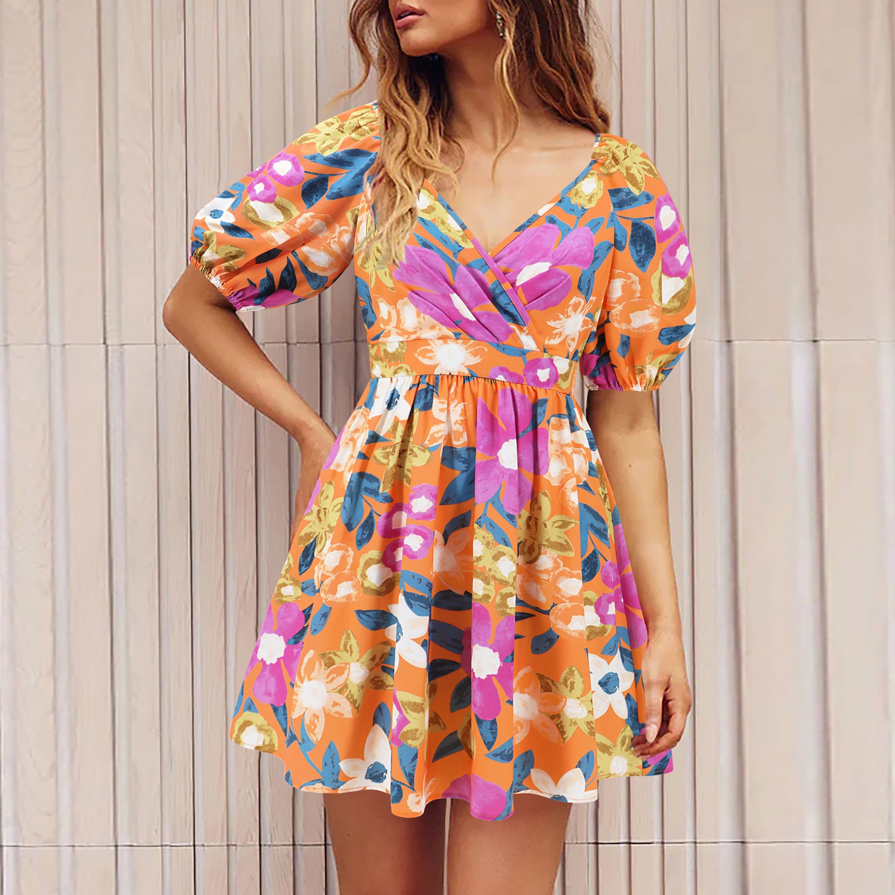 Flowers Print V-Neck Lantern-sleeve Women's Dress - ANIBEY