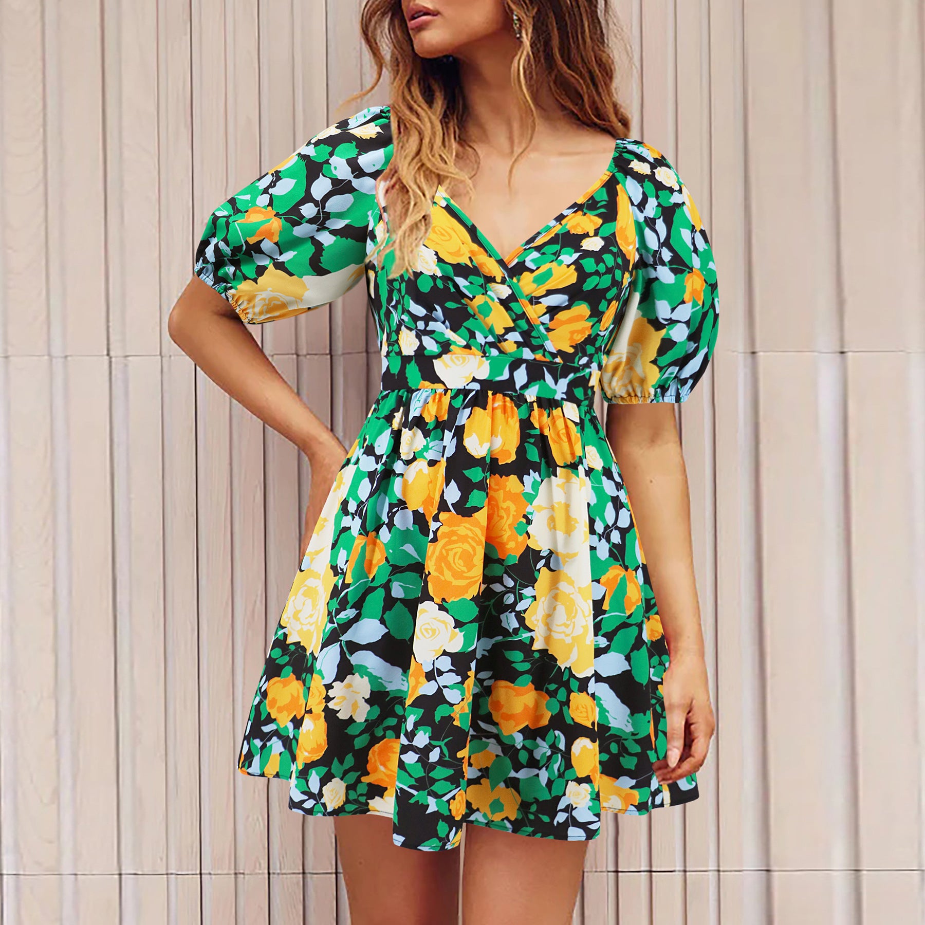 Flowers Print V-Neck Lantern-sleeve Women's Dress - ANIBEY