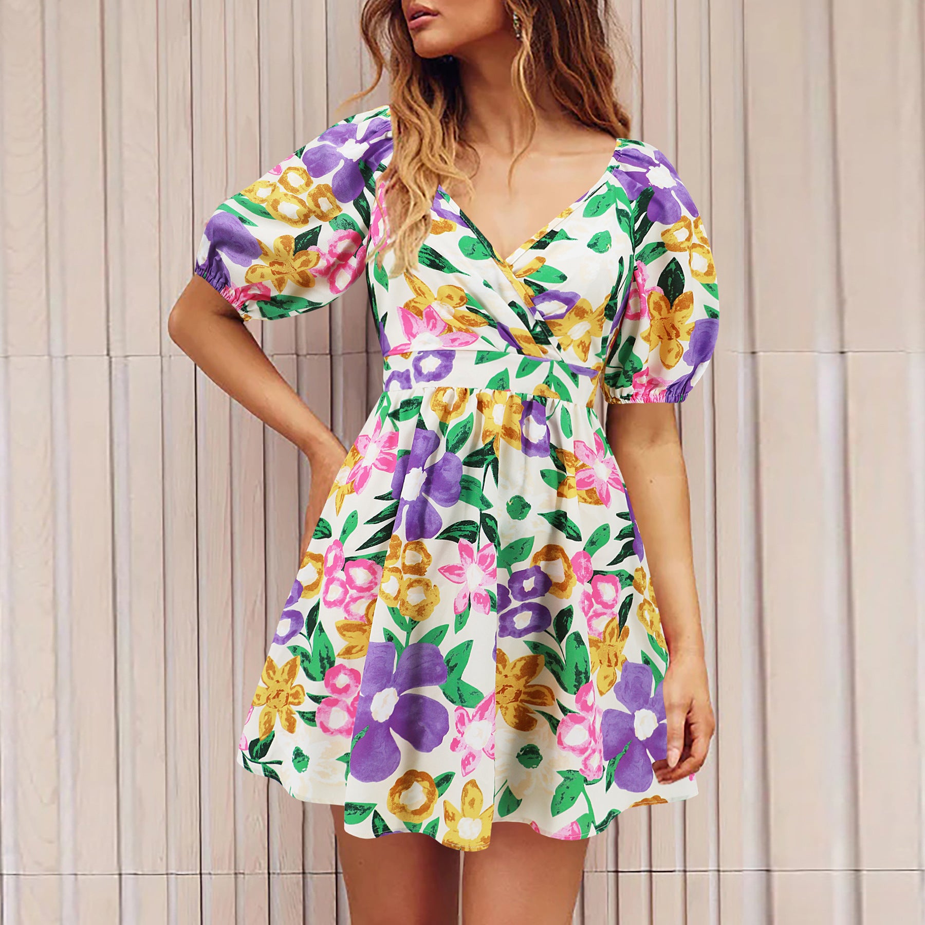 Flowers Print V-Neck Lantern-sleeve Women's Dress - ANIBEY